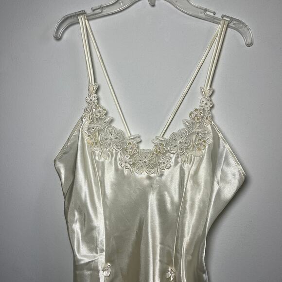 Vintage Bridal Floral Slip Dress Robe Set Ivory White Medium Peignoir Lace Satin - Picture 12 of 15
